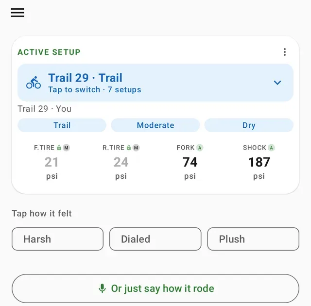 Signed in, Home shows your active setup and the "how did it feel" chips.