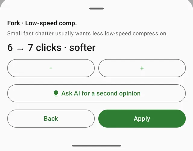 "Harsh" over small chatter usually wants less low-speed compression.