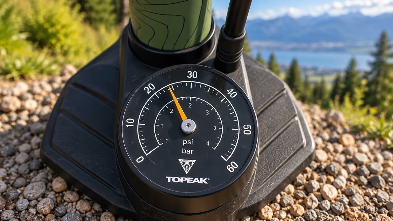 Floor pump gauge reading 25 psi on a gravel trail, mountains behind — the MTB Mate preview video